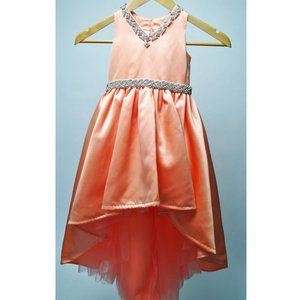 JJs House: Coral Satin High Low Ball Gown with Rhinestone Belt Girls 3/4T